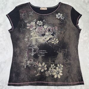 Y2K Blue Canyon Graphic Rhinestone Cap Sleeve Top Women’s XL USA Made